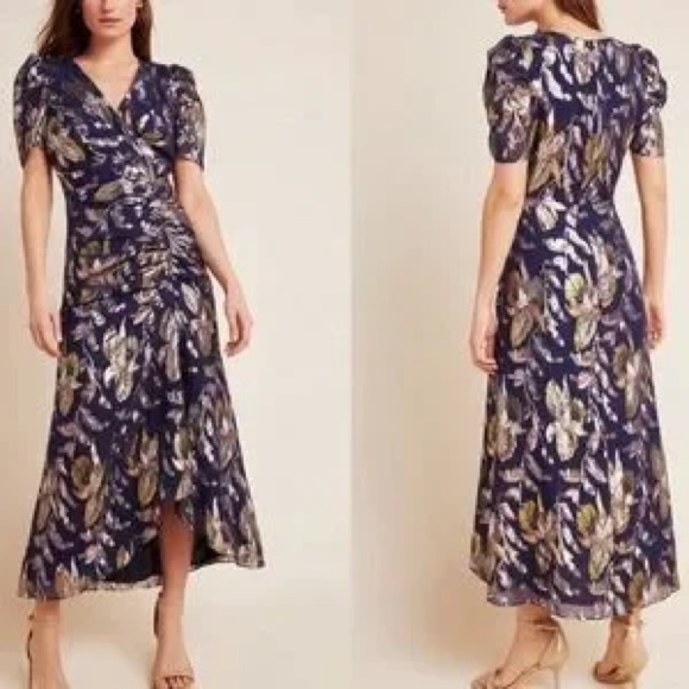 Shoshanna Midnight SZ 6 Chloe Rose floral metallic short sleeve shirred dress